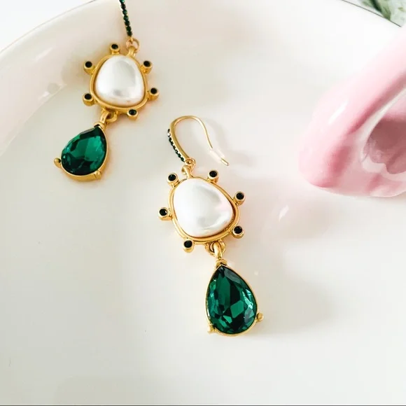 Oscar de la Renta Faux Pearl with Crystal Drop Earrings Green